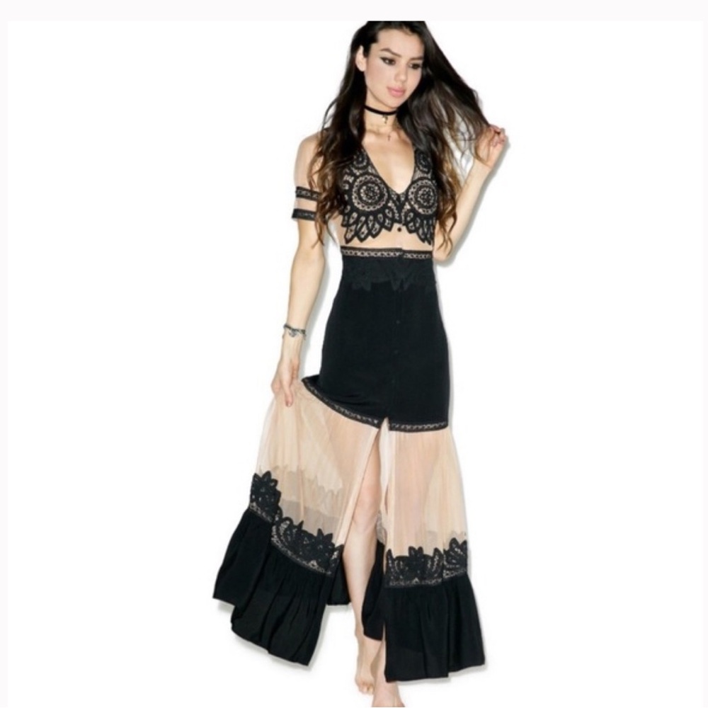 For Love and Lemons Carmine Maxi dress XS black lace tan NWOT
